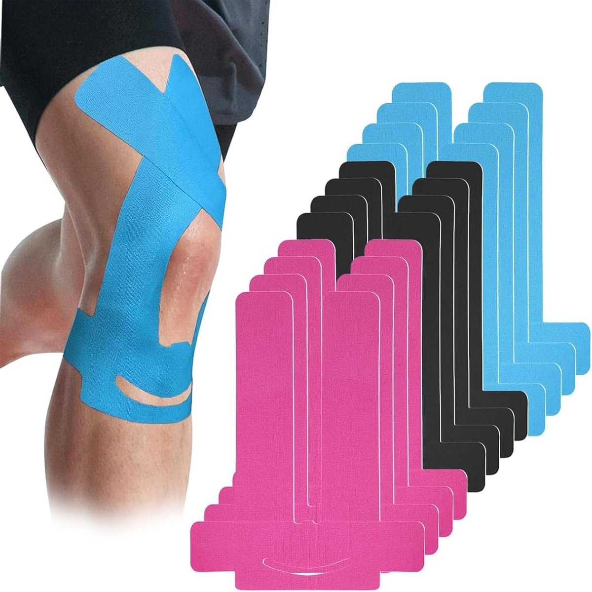 Pre-Cut Kinesiotape voor Knie (12 stuks, Zwart/Blauw/Fuchsia) – Waterdicht, Katoen, Pijnverlichting en Ondersteuning voor Sporters en Fysiotherapeuten