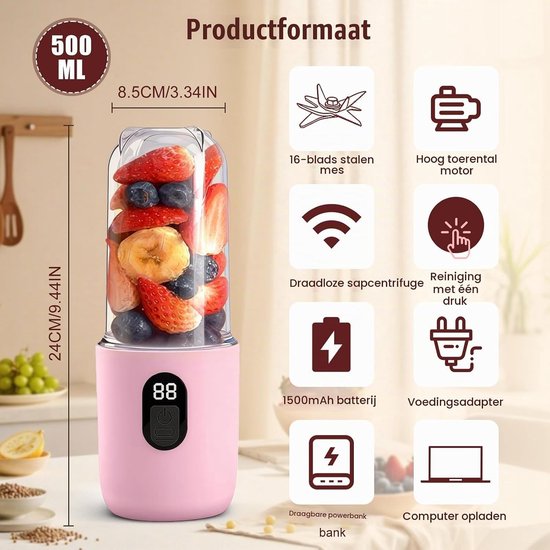 Draagbare 500ML Smoothie Maker met Digitale Display, 16-Bladige USB Juicer voor Shakes en Smoothies, Ideaal voor Keuken, Reizen en Sportactiviteiten, Roze — afbeelding 5