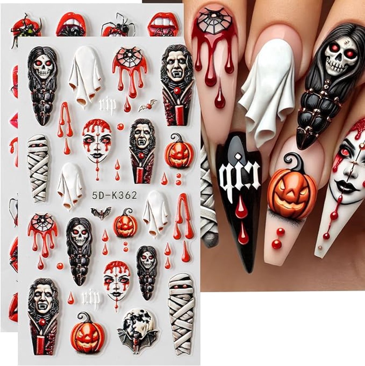 2 stuks- Nagelstickers- nagelstickers velletjes-nagelstickers halloween -Halloween decoratie-3D nagel stickers-Nagel Decoratie - Zelfklevend nageldecoratie- Voor Feestjes en Cosplay- Halloween Cadeau-DIY nagelkunst-Nail Decals-Zelfklevend