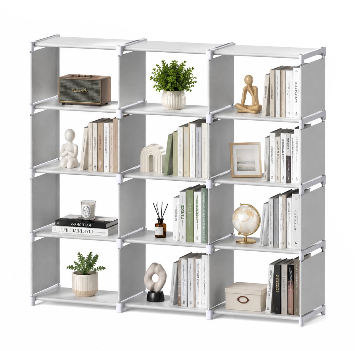 Soontrans - Boekenkast - Drie Rijen - 4 Lagen - 12 Vakjes - Multifunctionele Opbergkast - Modern design Vakkenkast geschikt voor Woonkamer - Slaapkamer en Studeerkamer - Wit