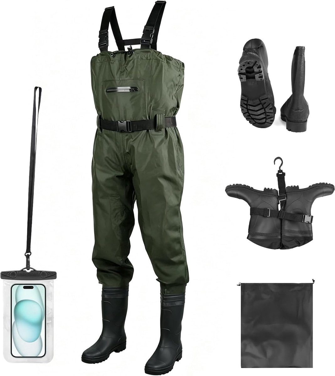 Rumpf Waders in legergroen, waterdicht, ademend, geschikt voor bouwplaatsen, geschikt voor dames en heren, 45 W