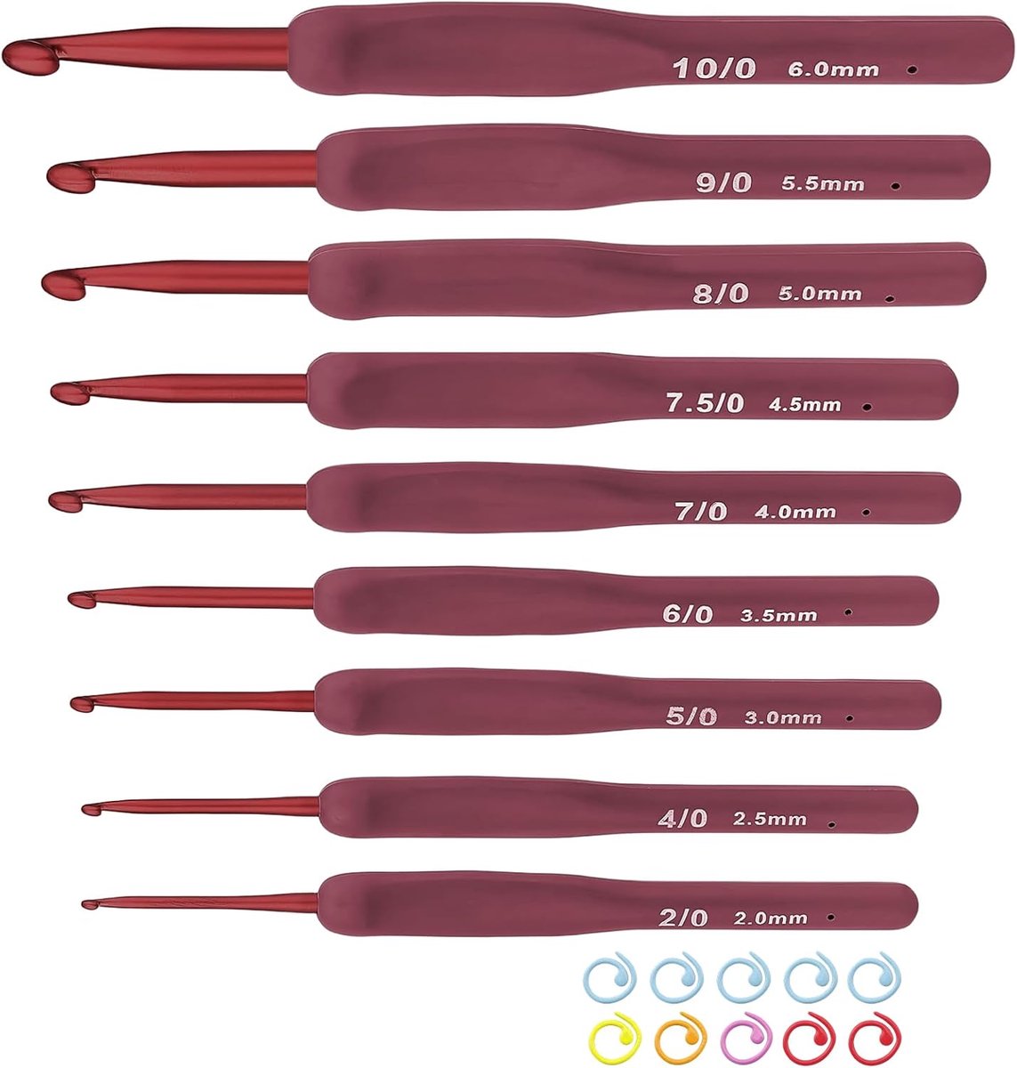 Haaknaaldenset, 9 stuks, 2,0-6,0 mm haakaccessoires, rode handgrepen, ergonomische haaknaald, comfortabele grip, met metalen steekmarkeringen, ideaal voor het haken van kleding, handwerk