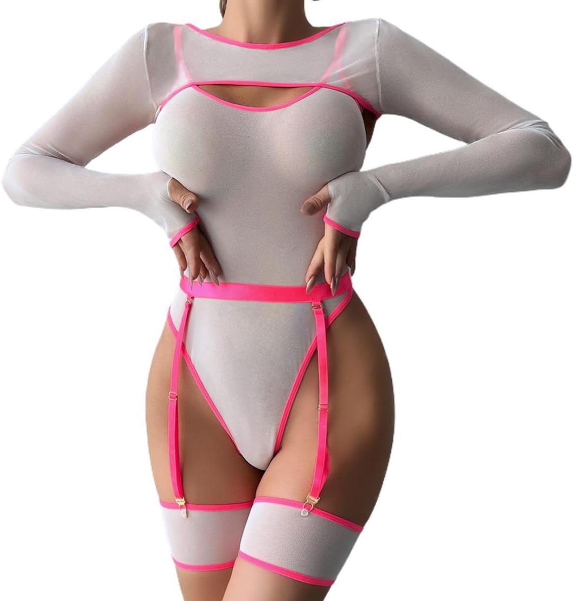 body lingerie bodysuit body dames lange mouwen sexy lingerie bodysuit mesh lange mouwen sexy kanten bodysuit met dijbanden 4-delige ondergoedset Ngeligee