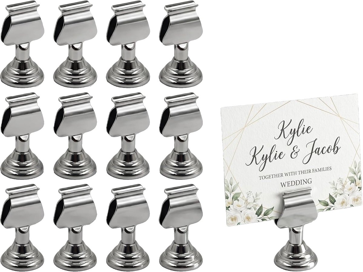 12 stuks tafelnaamplaatjes voor bruiloft, van zilverkleurig metaal, metalen kaarthouder voor menu, foto en tafelnummer, robuuste houders voor tafelstuk, ontvangst, restaurant en kantoor