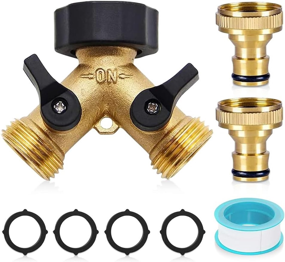 2-way water distributor 3/4 inch Y-distributor voor kranen met 2 afsluitkleppen, verstelbare wateraansluiting voor wasmachine en tuinslang, ideaal voor tuinonderhoud en waterbesparing