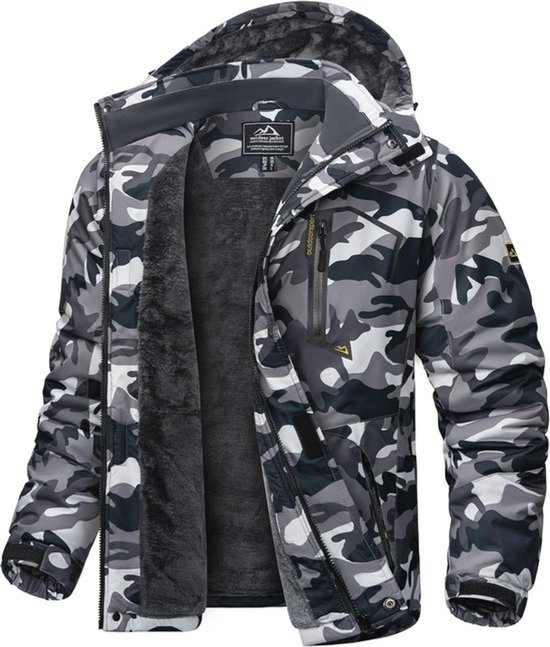 Grijze camouflage skijas met capuchon en warme donkergrijze fleece voering, inclusief ritssluiting.