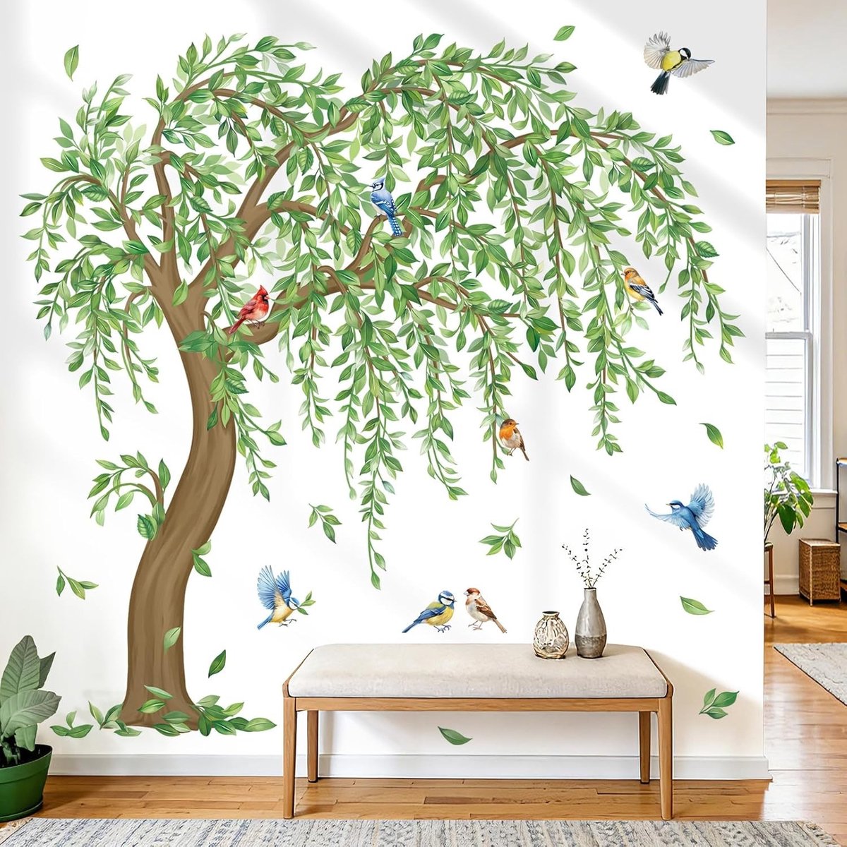 Grote groene boom wandstickers met hangende wijnstokken, vallende bladeren en vogels voor woonkamer, slaapkamer en kantoor decoratie