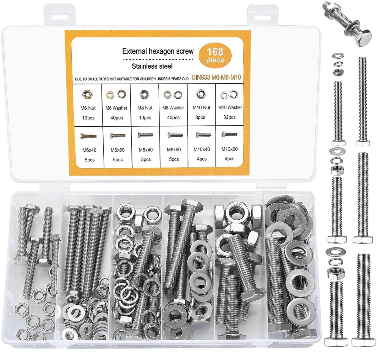 168 stuks zeskantbouten, moeren en ringen, M6/M8/M10 Roestvrij Staal Hexagon Bouten, Moeren en Ringen Set, Machineschroeven, Volledig schroefdraad bouten
