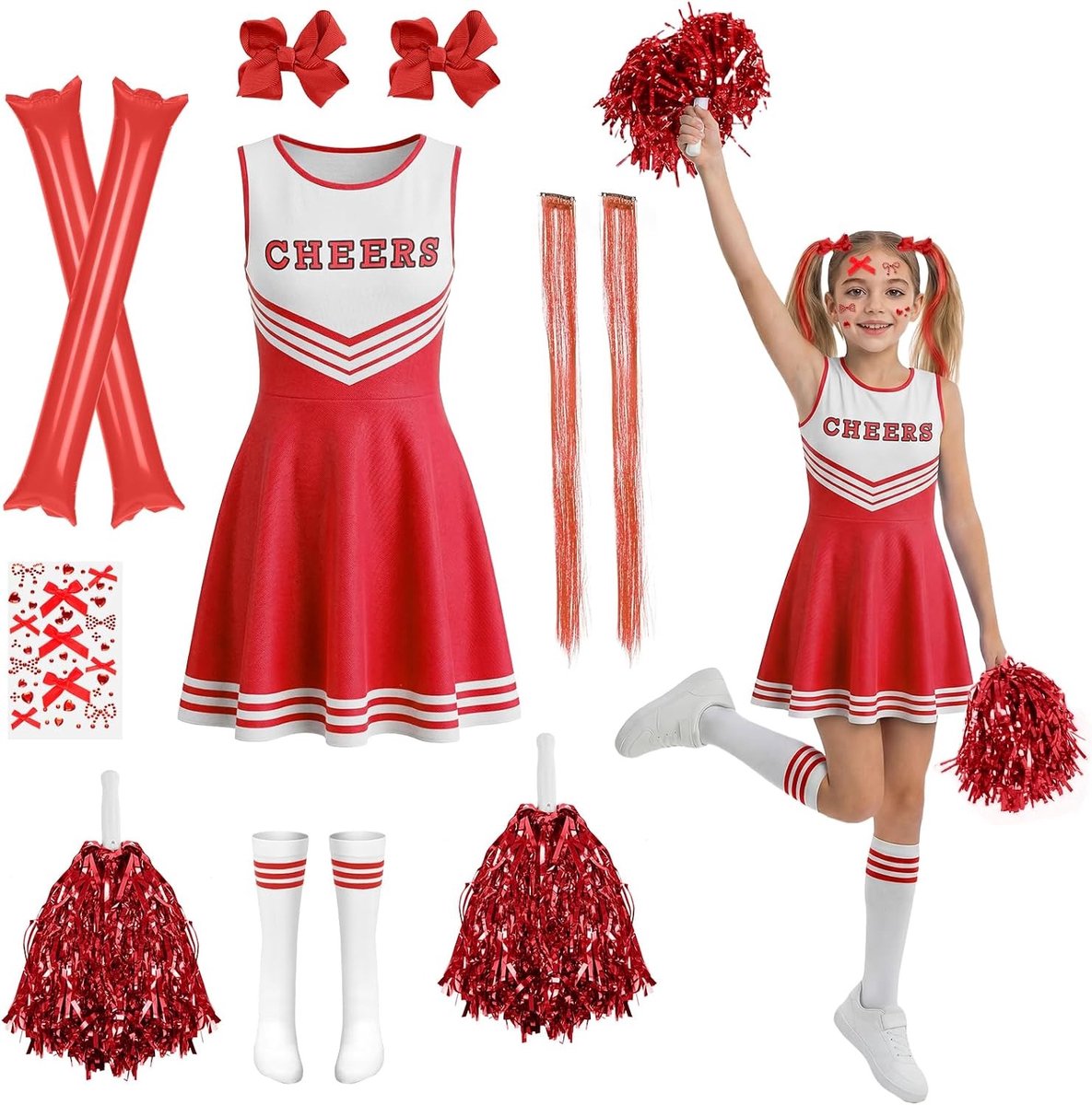 Leuke Cheerleader Outfit voor Meisjes met Pompoms en Kousen - Perfect voor Halloween, Carnaval en Feestjes