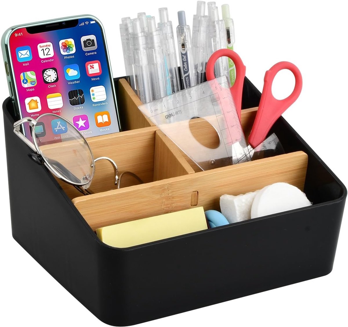 Bureau-organizer van bamboe met 5 verstelbare compartimenten, multifunctionele pennenhouder voor kantoor, make-up organizer voor bureauaccessoires en cosmetica