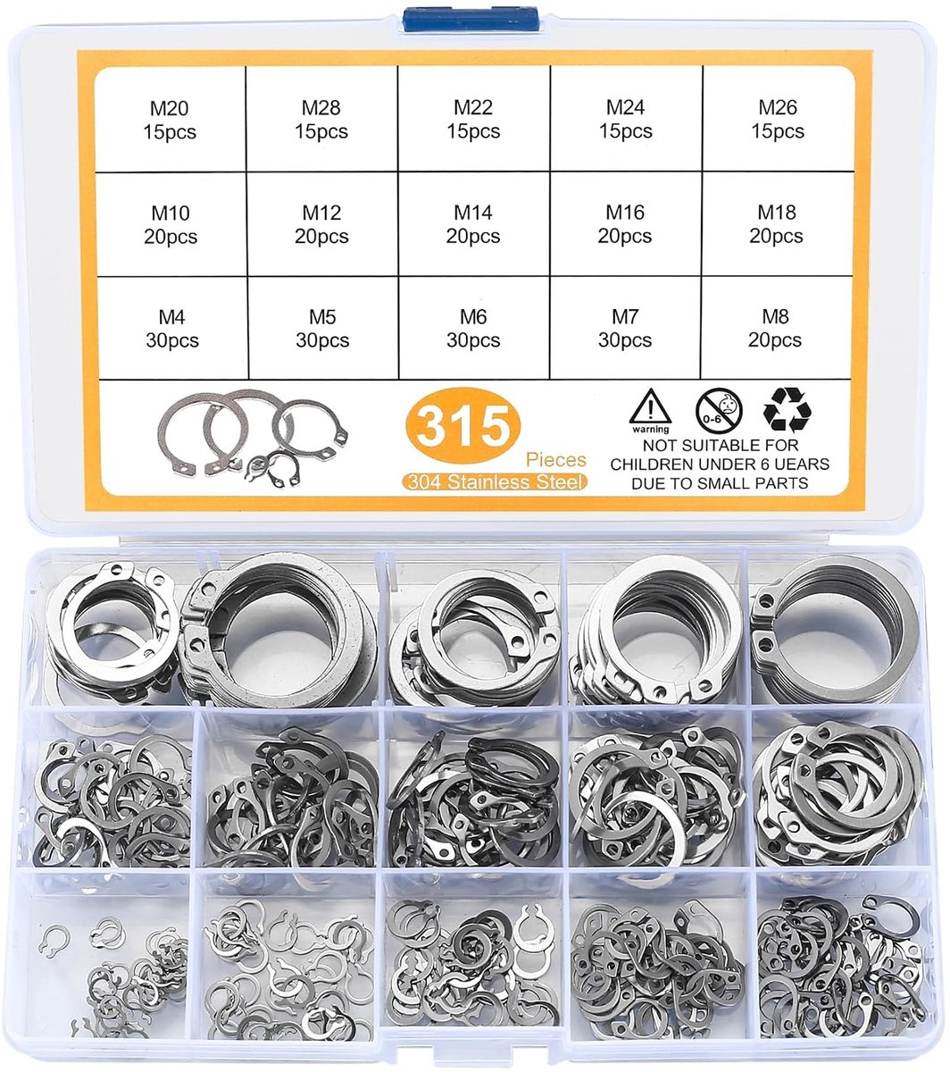 Borgringen Assortiment, Interne E-clip Borgclip, 4-28 mm Externe C-clips Gespleten Tension Washers voor Gegroefde Assen - Zilverkleurig