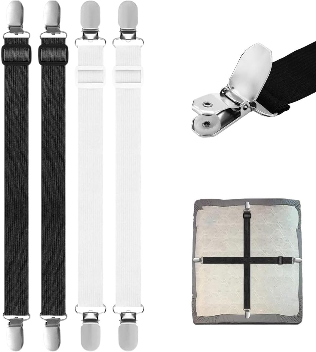 4 stuks verstelbare bedlakenhouders (2 zwart + 2 wit), metalen clip met stoffen bescherming, duurzaam, verstelbare lengte van 30 - 130 cm, voor kreukvrije slaap en veelzijdig bruikbaar
