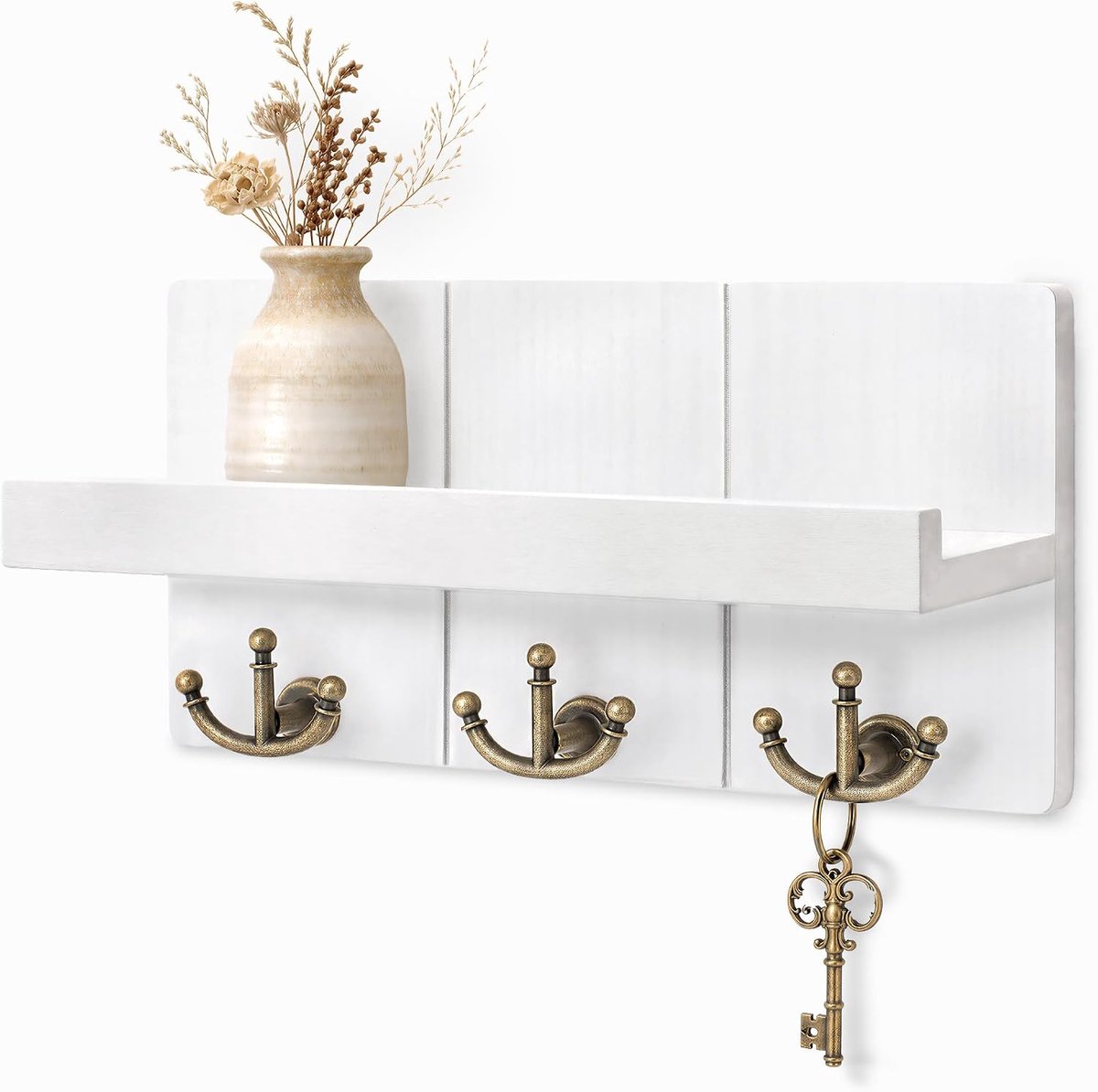 Vision Sleutelhouder voor muur met plank: elegante boerderijpostorganizer met decoratieve zwevende plank en 3 ankersleutelhaken voor muur - retro sleutelhangers voor entree decor (rustiek wit)