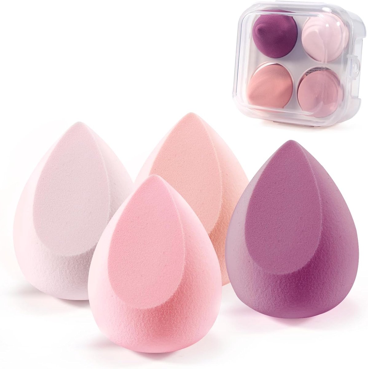 4-delige set make-upsponzen, vochtsponzen voor foundation, concealer en poeder, cosmetica-accessoires met opbergdoos