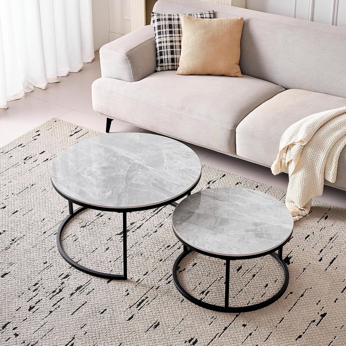Set van 2 uittrekbare salontafels met tafelblad van keramiek, steen, ronde salontafel, industrieel design, geschikt voor woonkamer, slaapkamer, kantoor en balkon (grijs/zwart, 80 cm)