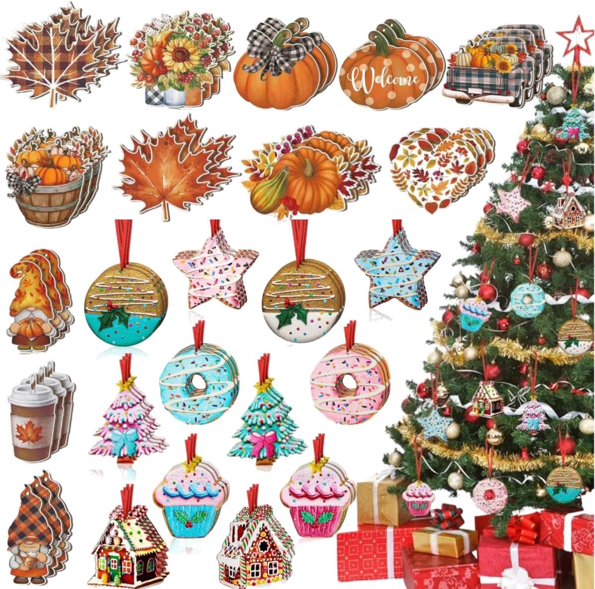 Ornamenten-Halloween Hanging-Decoratie - Kerststal Houten Hangers met Hangende Snaren, Vakantieballen Thuis Feestelijke Feestartikelen Ambachten Decor voor Kerstboom (24 Stijlen