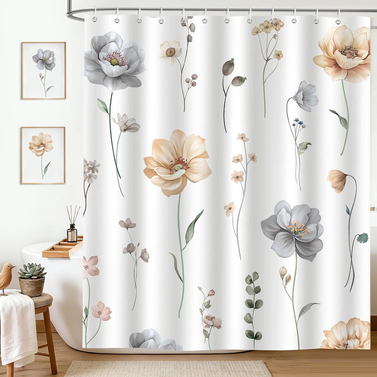 Douchegordijn, lente, modern, 180 x 180 cm, bloemen, aquarel, grijs, beige, bloemen, polyester, waterdicht, badgordijn met 12 haken, machinewasbaar, voor thuis, hotel