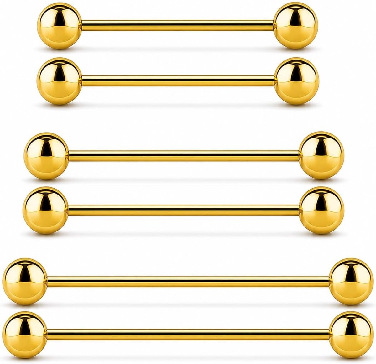 3 paar tongpiercing chirurgisch staal 316L goud, 14G barbell piercing set 34/36/38 mm, 5 mm kogel, roestvrij staal sieraden voor tong, tepelpiercing, tepelpiercing, kraakbeen, wenkbrauw
