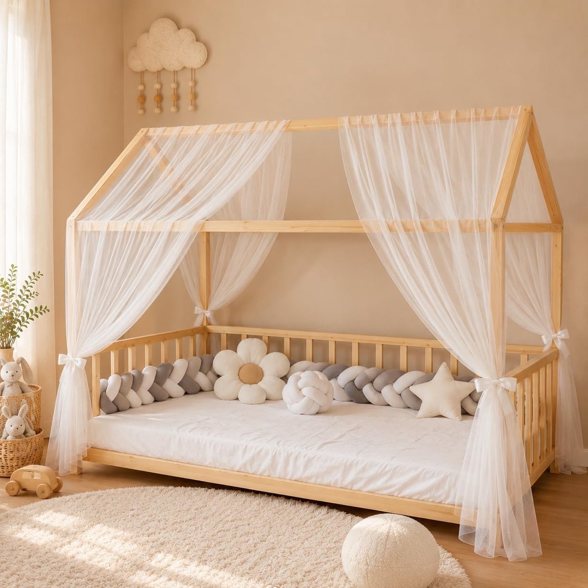 Fancyroom Bedhemel voor huisbed kinderbed, universeel, premium tule, 2-delig, huisbedhemel, bedgordijn (ecru, 340 cm)
