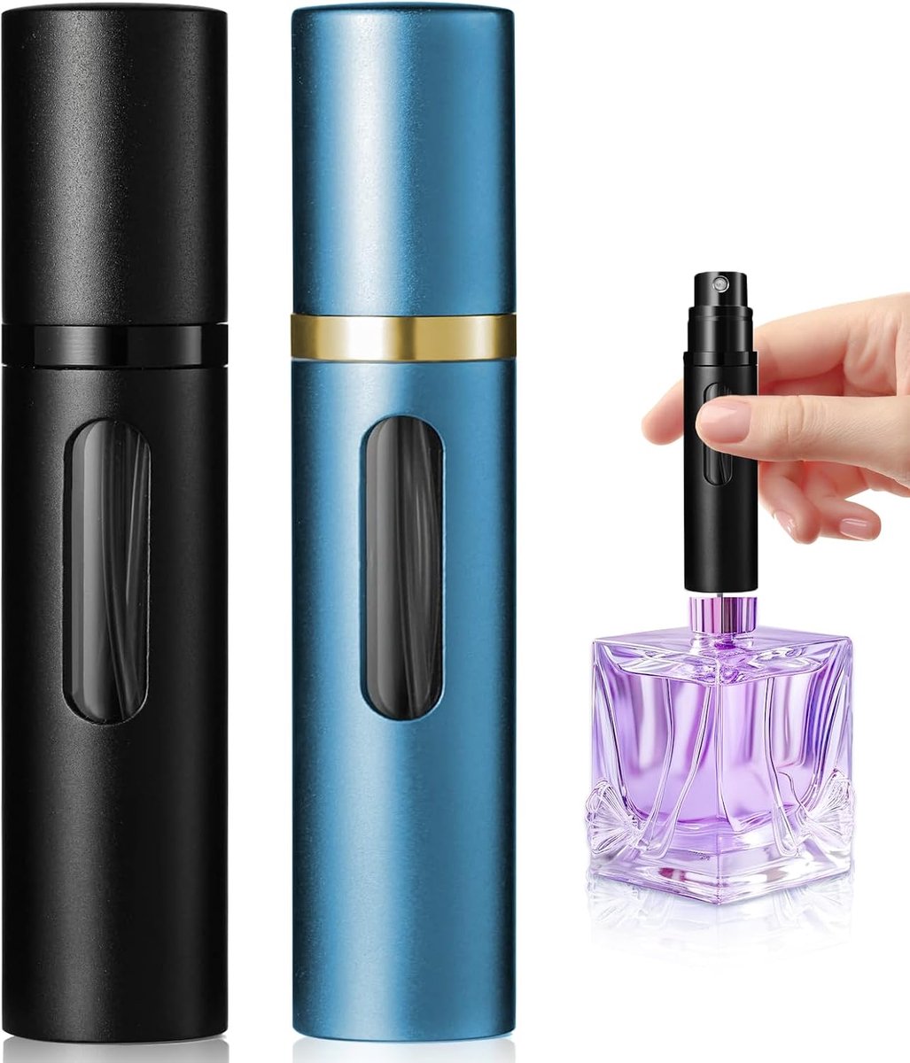 2 x 5 ml navulbare parfumverstuiver voor op reis, lege mini-parfumfles, glazen spuitfles, zakverstuiver (5 ml zwart en blauw)