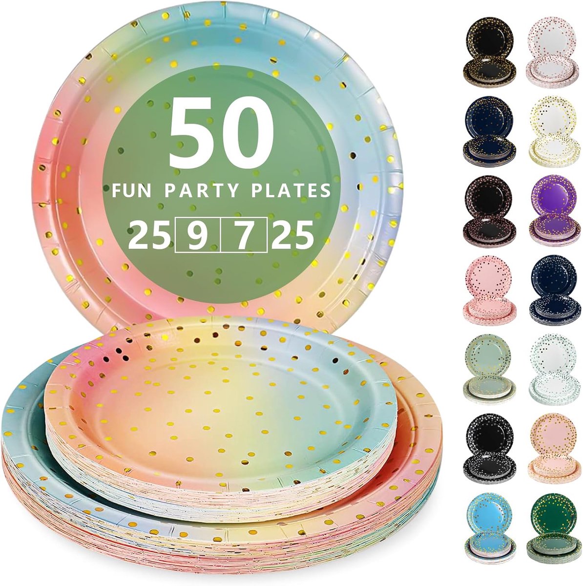 Regenboog en goud Papieren Borden Set - 50 Delig Feestservies - 25 Dienborden 23cm + 25 Dessertborden 18cm - Voor Verjaardagen, Feesten & Gezelligheid