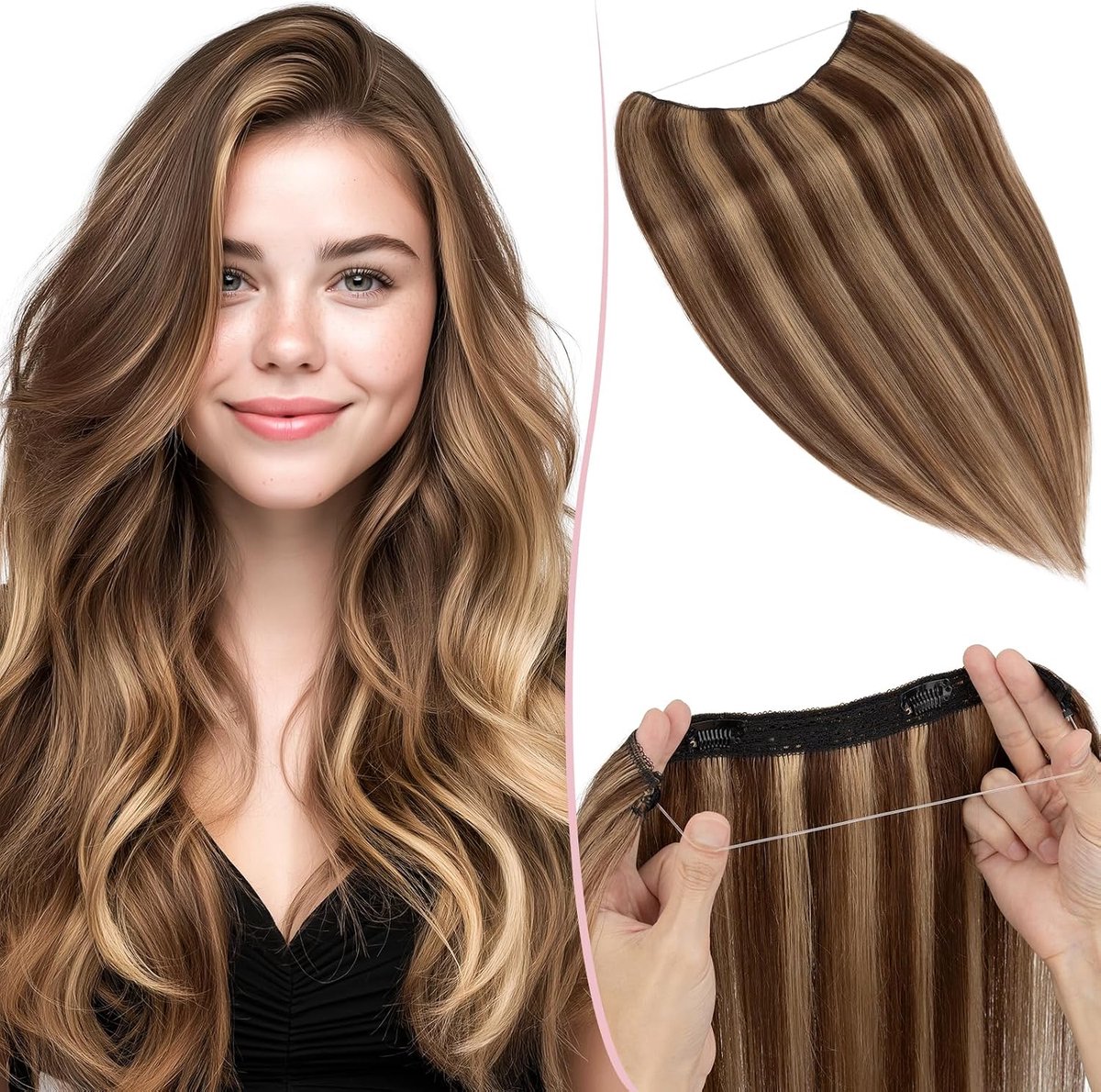 Hair Extensions van echt haar, haarverlenging met draad, haarstukjes, 1 weft, onzichtbare draad, verstelbaar, voor dames, 50 cm - 70 g, middenbruin/honingblond #4p27