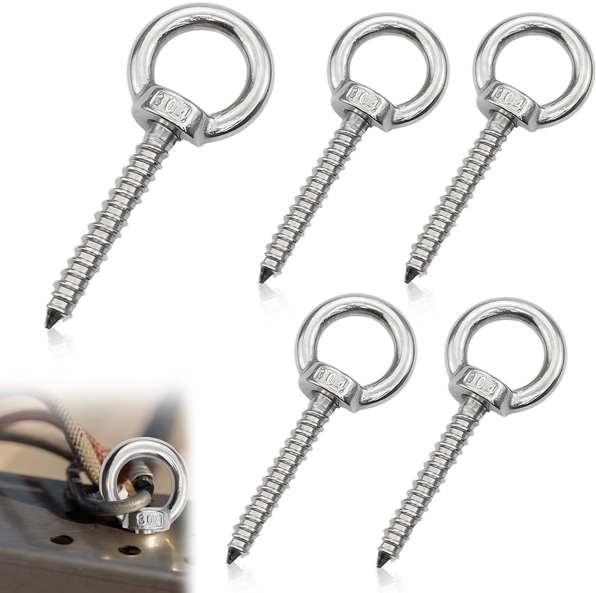 5 stuks ringschroef M8, lange oogschroef 304 roestvrij staal heavy duty ringmoer oogbout oogbout M8 × 80 mm met houten schroefdraad voor hangmatten luifels vaste kabel