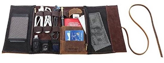 Reisorganizer Roll Bag voor Elektronica Accessoires van Echt Leer - USB Kabel, SD Kaart, Oplader, Hoofdtelefoon, Paspoort, Cash, Muntjes, Externe Harde Schijf — afbeelding 3