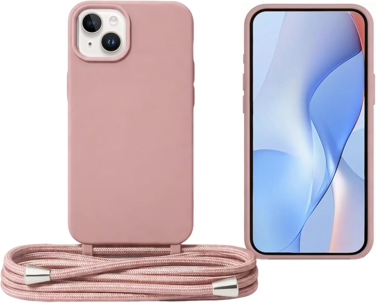 Hoesje met koord voor iPhone 13/14, hoes met koord, TPU vloeibare siliconen beschermhoes met telefoonketting, koord om om te hangen, zachte hoes voor iPhone 13/14, roze, precieze