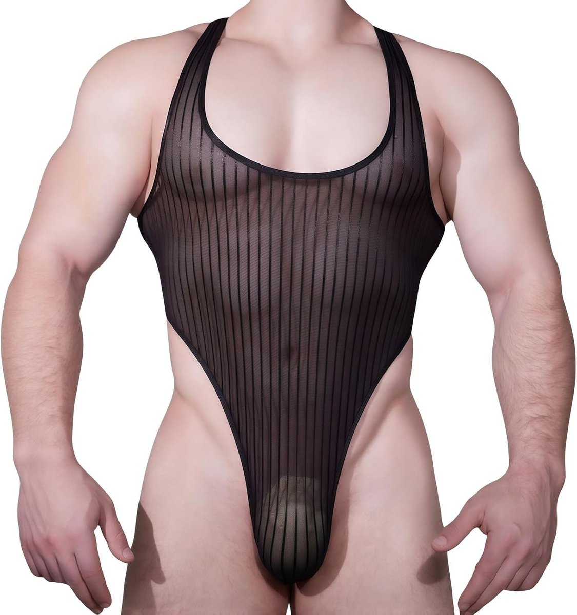 Sensuele herenondergoedset, mouwloos U-hals ontwerp, hoge uitsnijding, elastische stof, zwart gestreept, perfect voor nachtkleding en feestoutfits