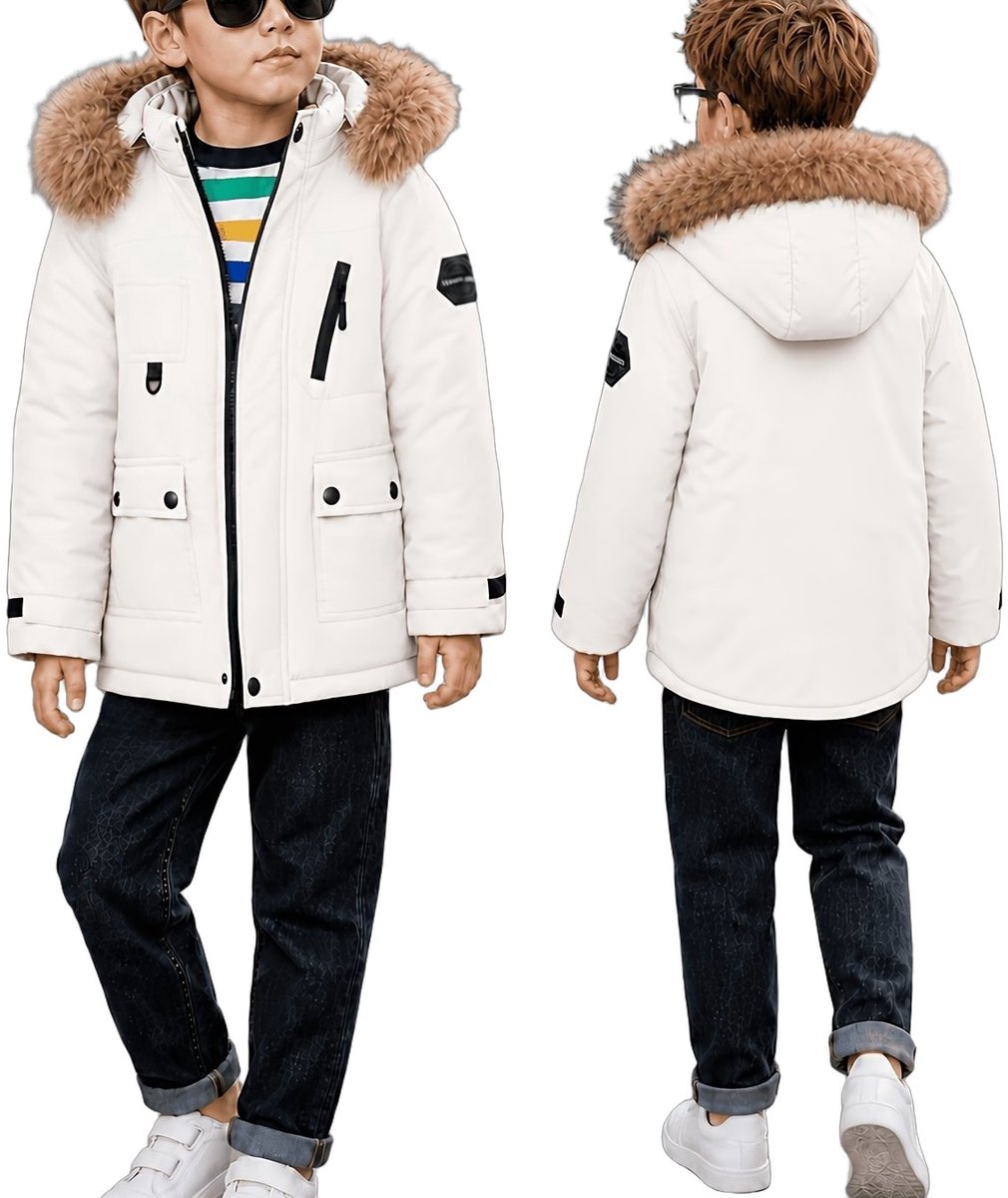 Currero Winterjas Parka Jongens Lange Jas Wintermantel Overjas Gewatteerd Waterdicht Winter Stijlvol Mantel Kinderen 11 Jaar Ivoorwit