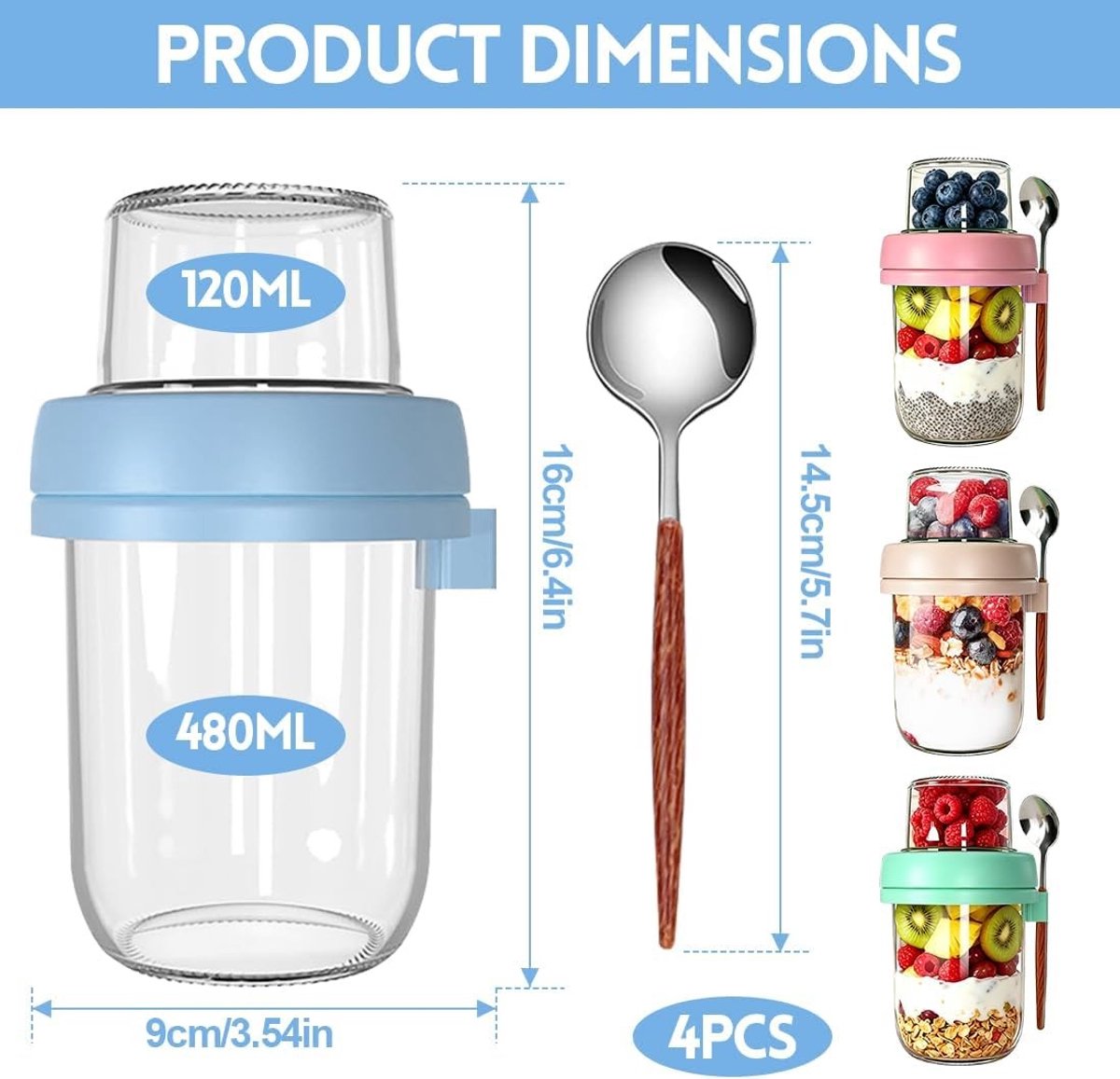 Muesli en Overnight Oats Glas met Deksel 480 ml + 120 ml, Ideaal voor Ontbijt, Salades en Meal Prep