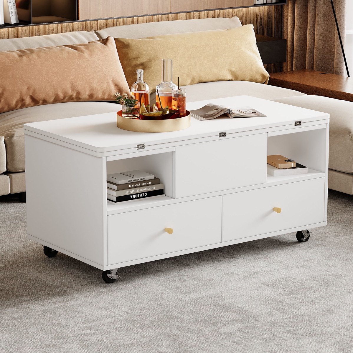 MEUNIQ Hoogteverstelbare opklapbare salontafel 100 x 50 cm met 4 lades, open vakken, wieltjes en uitbreidbaar tafelblad voor woonkamer, wit