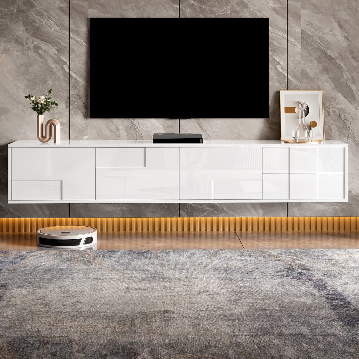 MEUNIQ TV-meubel 170 x 30 x 30,5 cm – wit hoogglans lowboard met 3 deuren en 2 lades, grifloos, wandmontage of staand voor de woonkamer