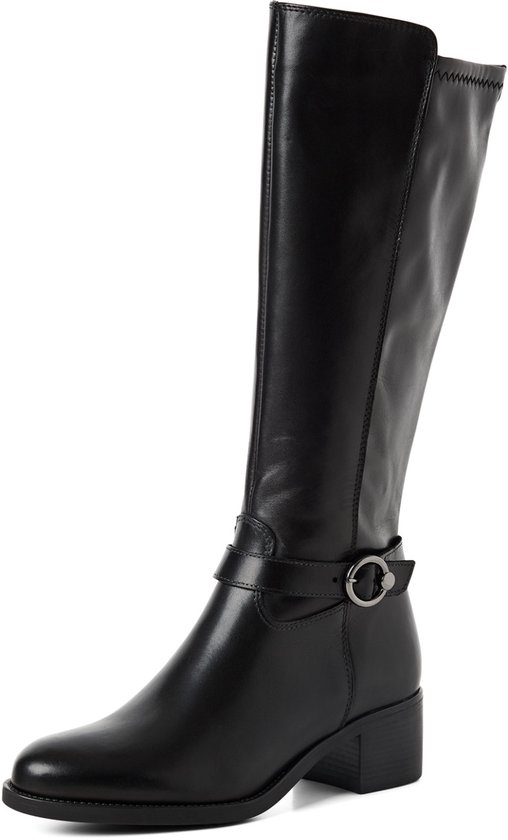 Zwarte Tamaris laars met gespdetail, ritssluiting en blokhak.