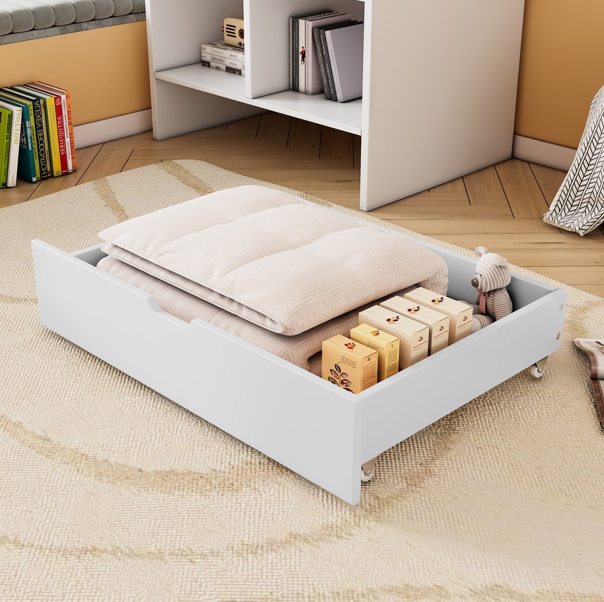 MEUNIQ Onderbedlade met 2 lades en wieltjes – MDF bedopbergbox 93 x 67 x 20 cm voor kleding en dagelijkse spullen – Wit