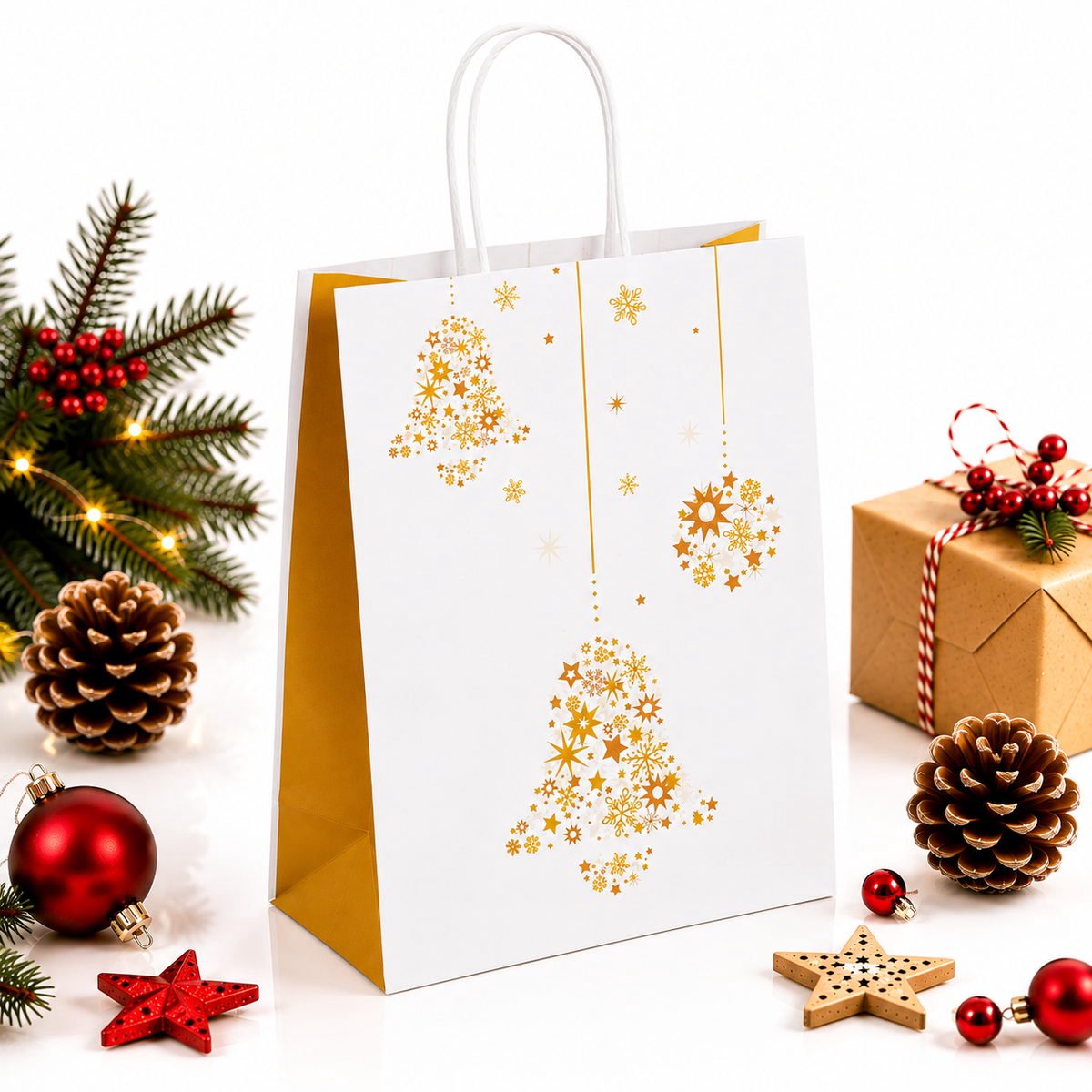 Packadi Papieren Cadeautas Kerst Gouden Klokken - Wit - 22+10x28 cm - 50 stuks Kersttassen/ Kersttasjes / Kerst verpakking