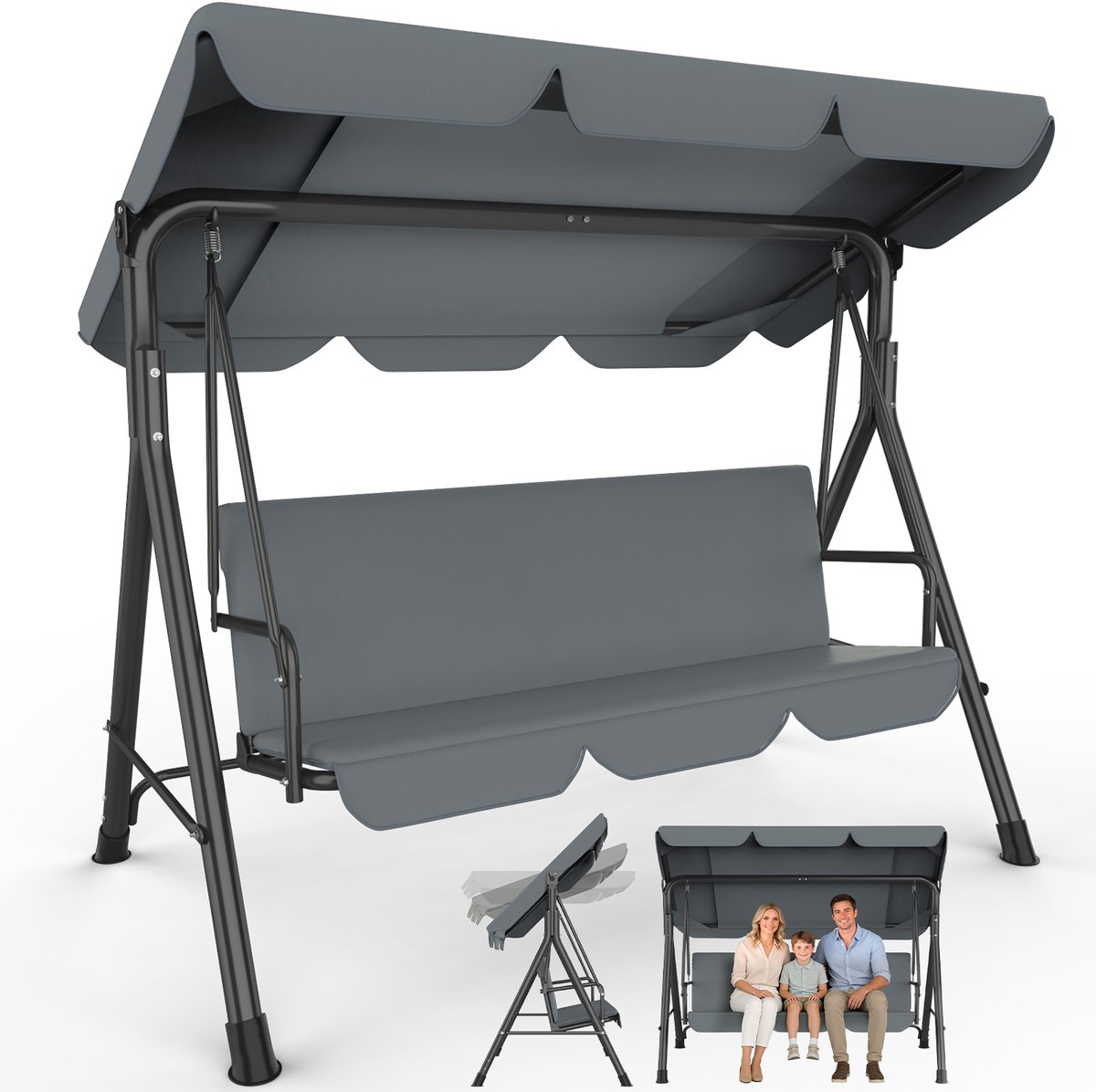 Arvioo Schommelbank 3-persoons-Grijs-verstelbaar dak-max 200kg-tuin schommelstoel