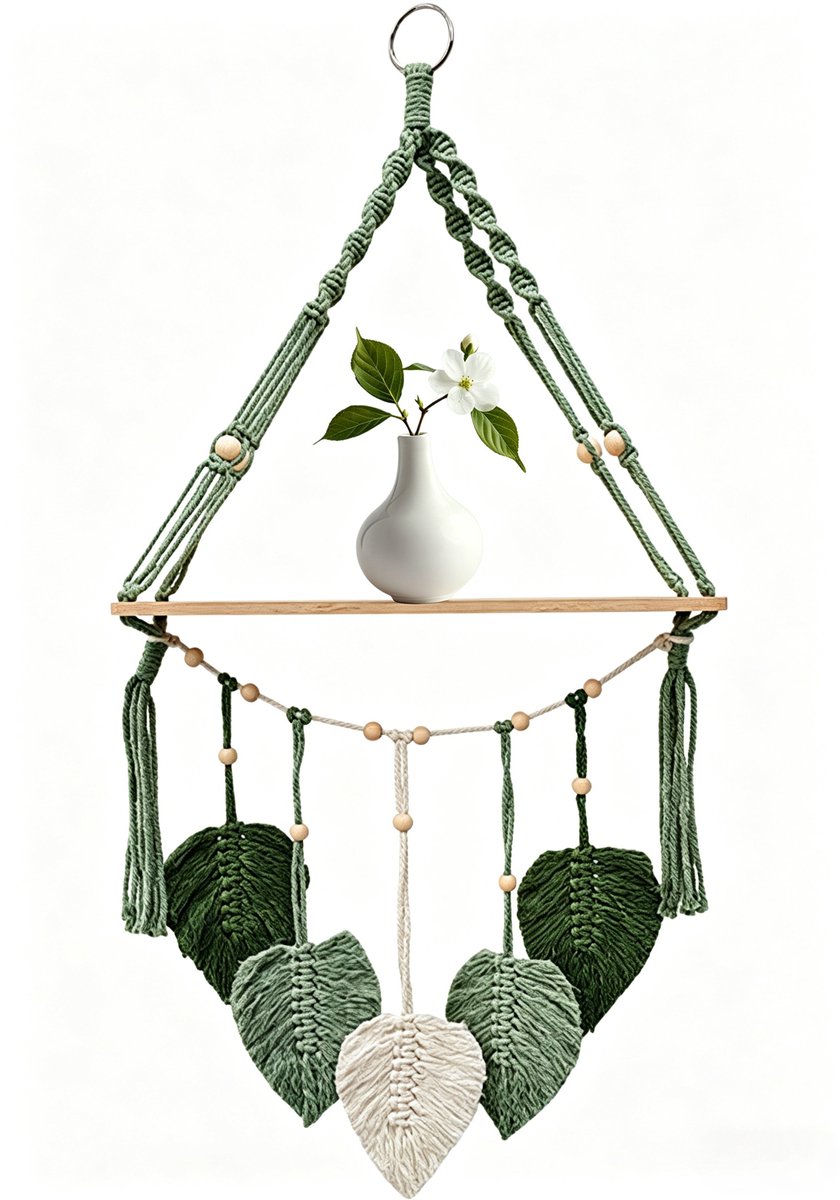 Makramé Wandplank - Houten Wandrek - Boho Wanddecoratie - Hangplank met Katoenen Touw - Plantenrek - Zwevende Wandplank - Handgemaakt Wandrek - Wandplank voor Woonkamer, Slaapkamer, Kinderkamer, Badkamer, Balkon, Camping en Camper - 40 x 90 cm