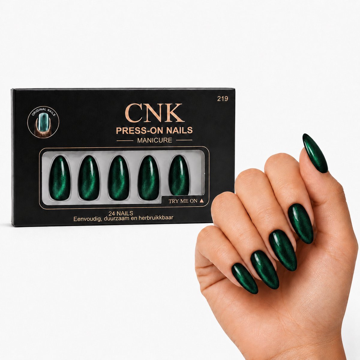 CNK 219 Press On Nails - Plaknagels - 24 Kunstnagels met Nagellijm, 24 Zelfklevende Plakstickers, Cleaner Wipe, Nagelvijl, Woodstick & Size Matcher - Nepnagels voor 7-14 Dagen - Herbruikbare Press-On Nagels - Starterspakket voor Manicure & Nail Art