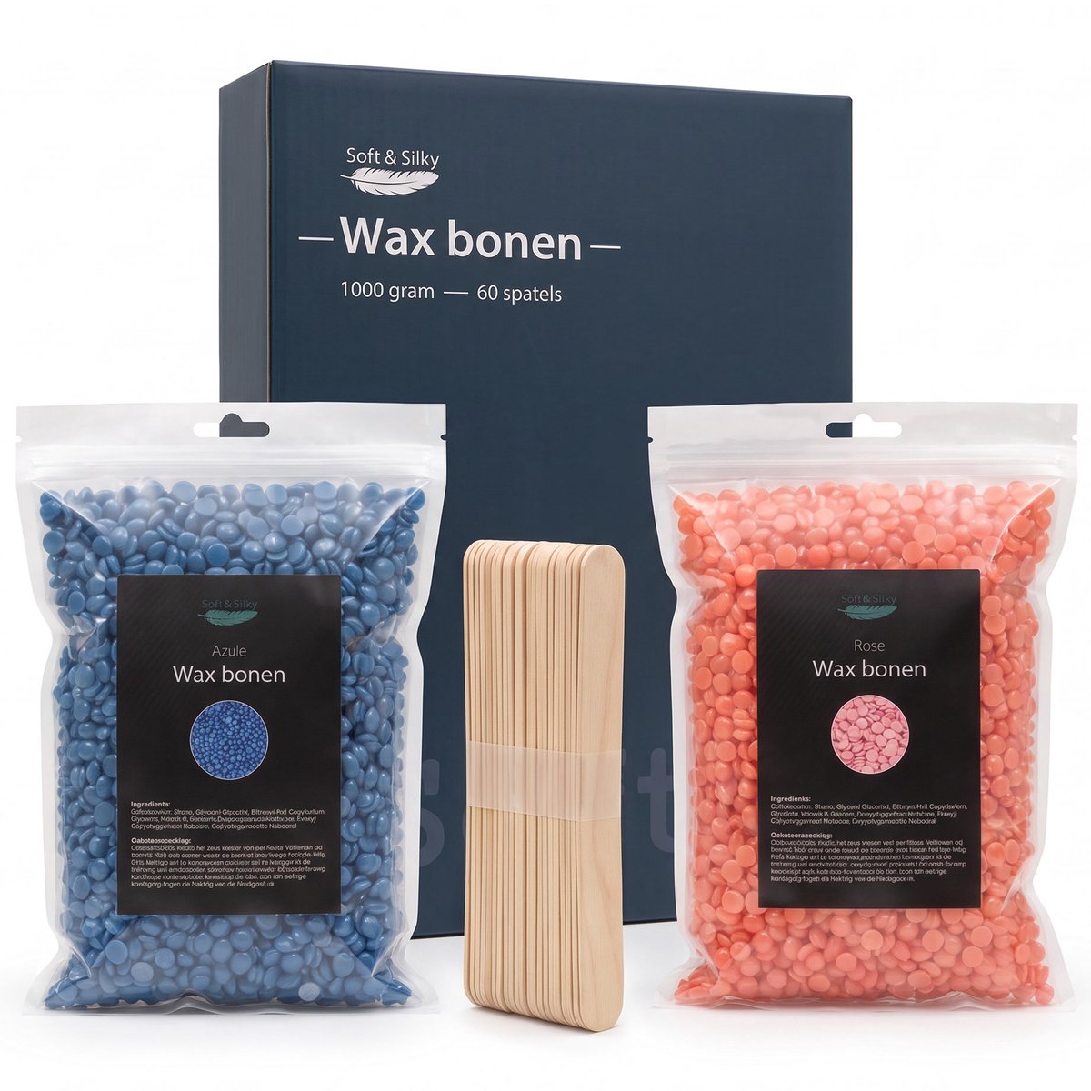 Wax beans 1KG - incl 60 spatels - Hard - Parels - Bonen - Ontharen - Waxen - Heater - Spatula - Korrels - Ontharingswax - Voor wax apparaat