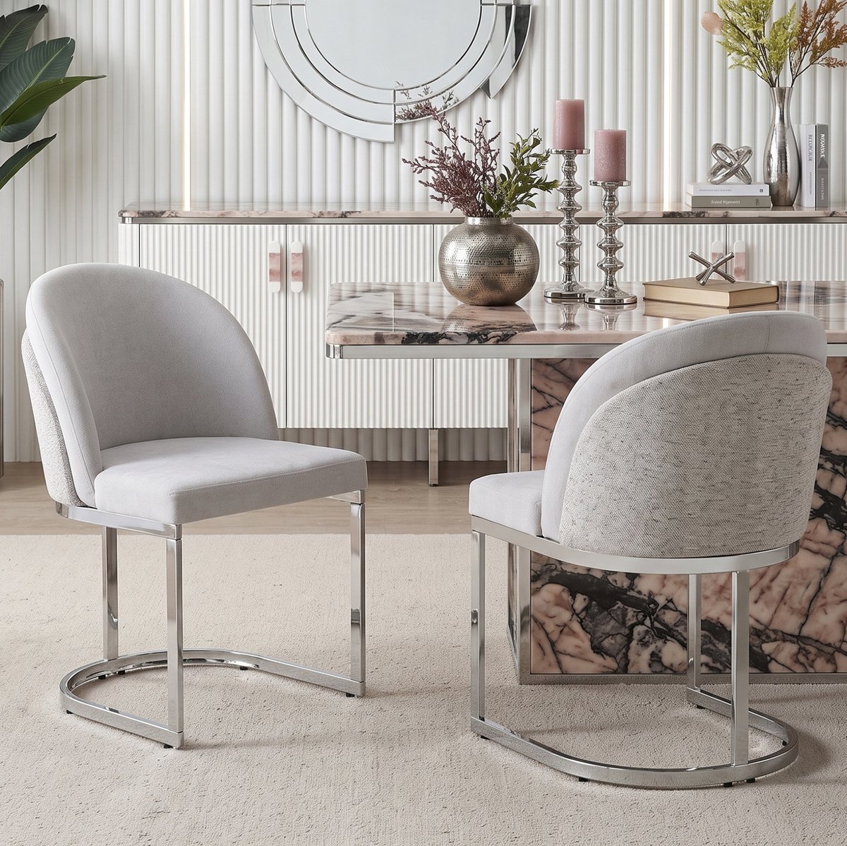 REDOM Eetkamerstoel set van 2 - Dubbele rugleuning - Chenille bekleding - Metalen sledeframe - Moderne stijl - Grijs en zilver - 52 x 59 x 85 cm Lichtgrijs