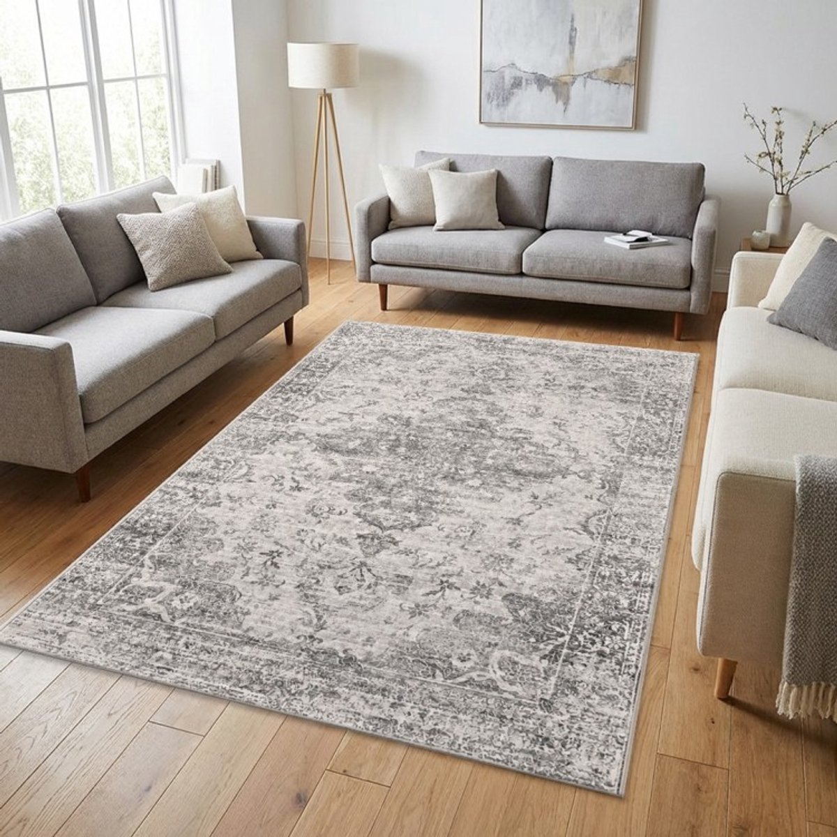 TapisTrend Oosters tapijt Grijs 200x280 cm Vintage met een verweerd bloemenpatroon voor de woonkamer, slaapkamer en eetkamer