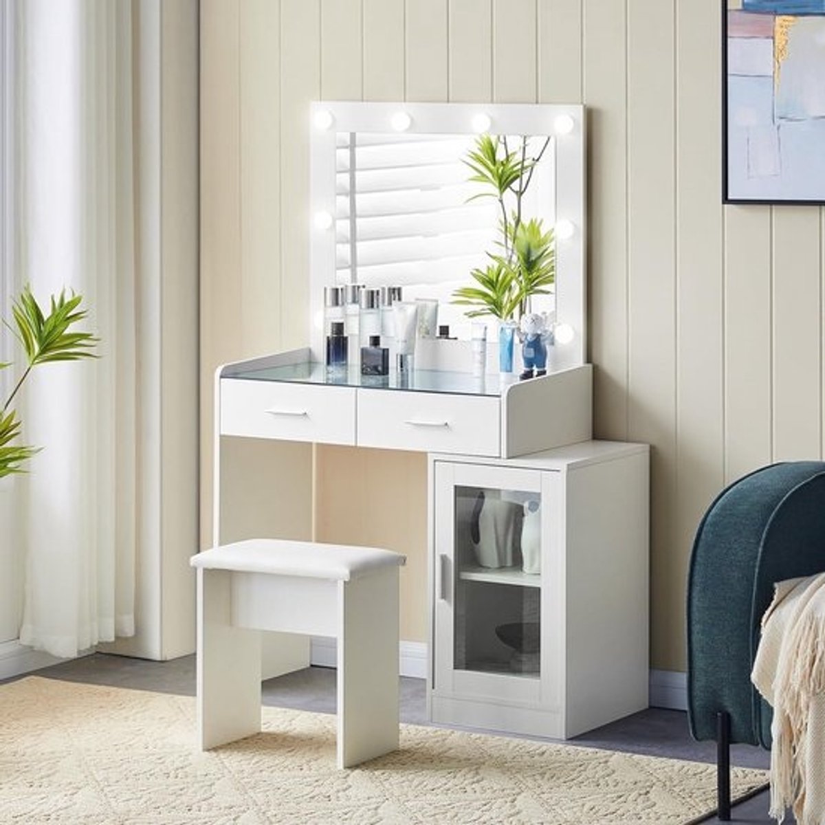 Kaptafel met Spiegel en Verstelbare LED Verlichting en Zachte Kruk