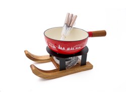 Gezellige Fonduepan met de Aspen Gietijzeren Fondueset – Rood | 22 cm | 6 vorkjes