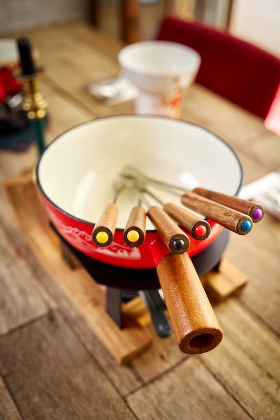 Gezellige Fonduepan met de Aspen Gietijzeren Fondueset - Rood - 22 cm - 6 vorkjes — afbeelding 3