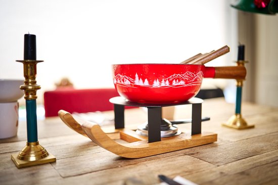 Gezellige Fonduepan met de Aspen Gietijzeren Fondueset - Rood - 22 cm - 6 vorkjes — afbeelding 2