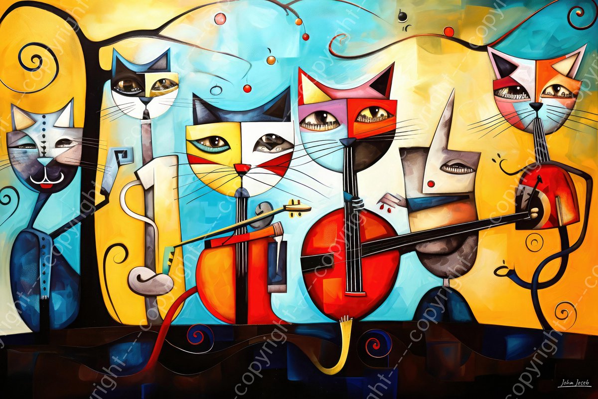 John Joseb Art (Canvas) 90x60 | Poezen maken muziek, abstract, surrealisme, Joan Miro stijl, kunst | poes, kat, gitaar, viool, blauw, bruin, rood, modern | Foto-Schilderij canvas print (wanddecoratie) Canvas, dikte 2 cm