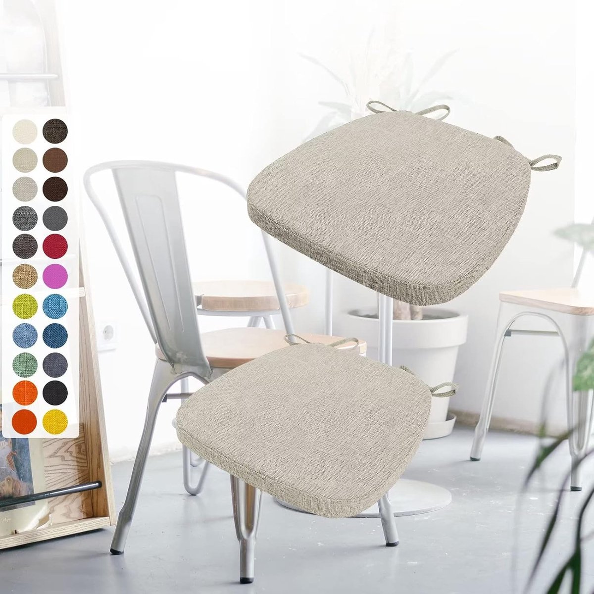 Set van 2 stoelkussens, 40 x 38 x 5 cm, met banden, wasbaar zitkussen, antislip, afneembare overtrek met ritssluiting, ideaal voor thuis, kantoor, keuken, eetkamer, beige-grijs