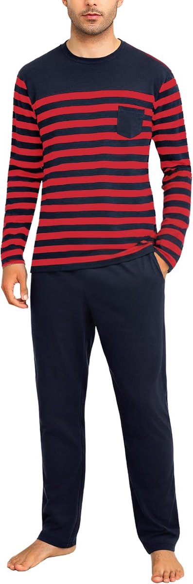 herenpyjama van katoen, lange mouwen, pyjamaset voor mannen, nachtkleding, pyjamabroek, lang, met zijzakken, S-XXL, A-rood, XXL